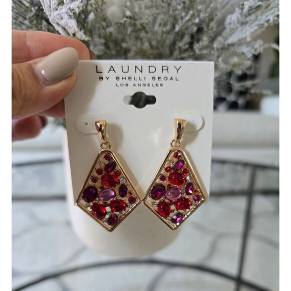 Laundry By Shelli Segal Gold Pink Red Stone Earrings New - Picture 4 of 4